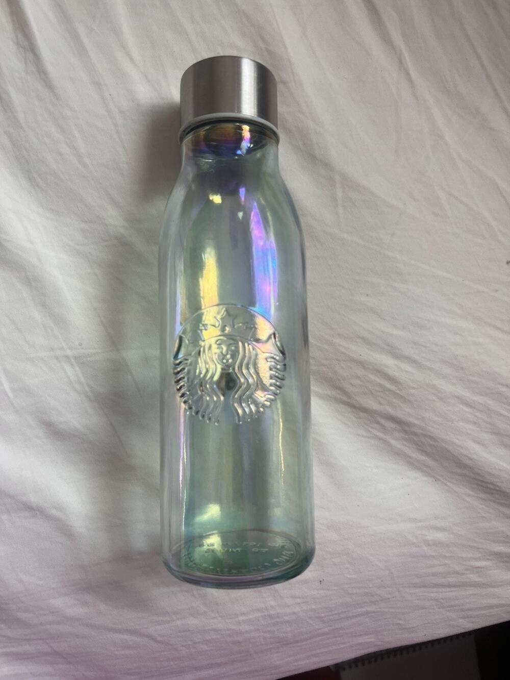 Starbucks iridescent recycled glass 20 oz bottle with embossed logo & screw top